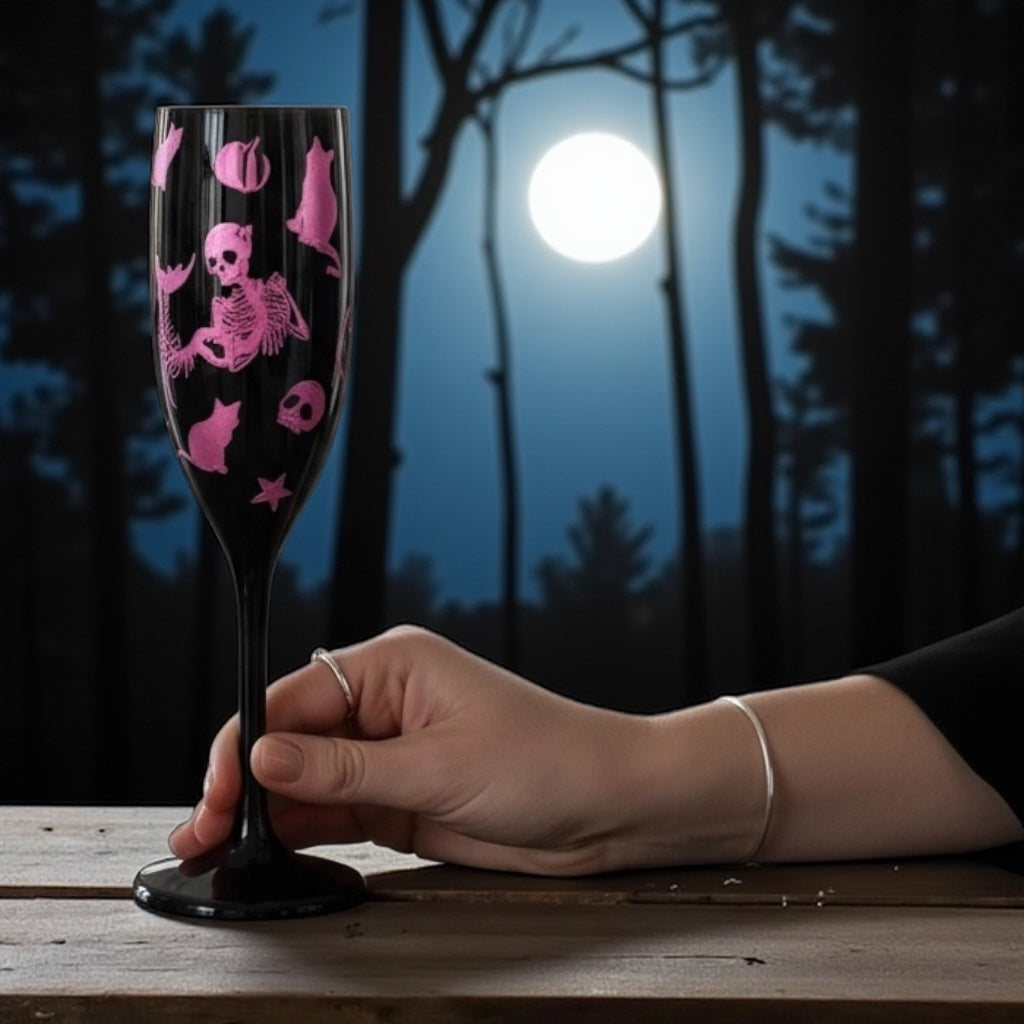 Halloween Champagne Flute with Cats & Mermaid Skeleton Unbreakable Halloween Party Drinkware