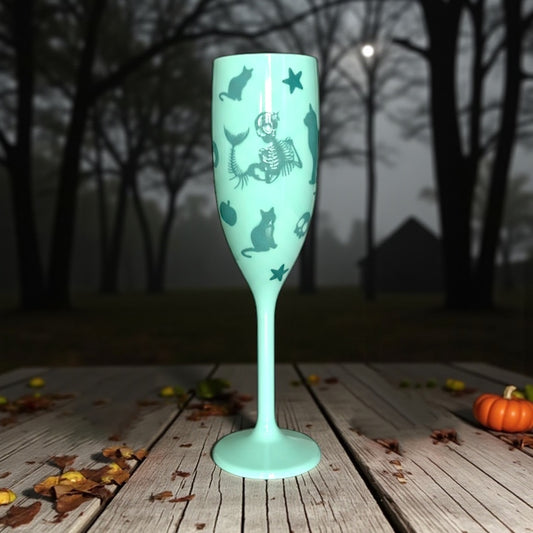 Halloween Champagne Flute with Cats & Mermaid Skeleton Unbreakable Halloween Party Drinkware
